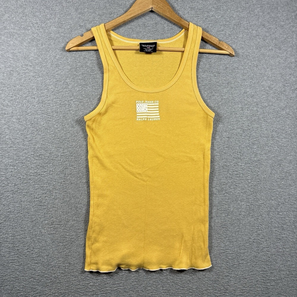Vintage Polo Jeans Co Ralph Lauren Flag Tank Top Top Womens M Yellow Ribbed Y2K